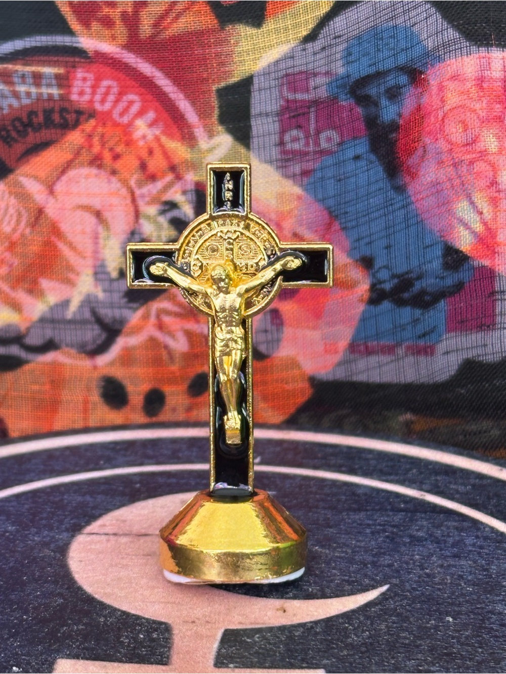Mini Jesus Crucifix with St. Benedict Medal – Black & Gold Car or Altar Cross